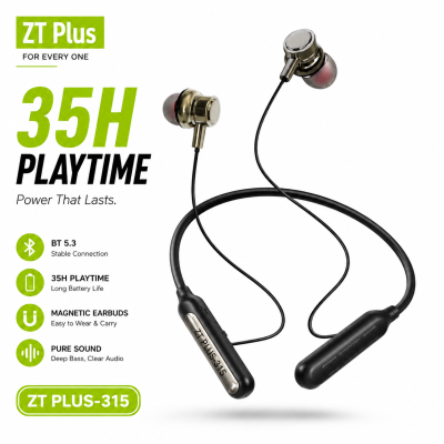 ZT Plus-315 Wireless Neckband Bluetooth Earphone – Bluetooth 5.3 Headset with 35H Battery Life, 2.5H Fast Charging, Magnetic Control & Flexible Anti-Pull Nylon Wire